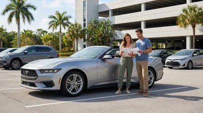 White convertible car rental driving past sandy beaches and palm trees in Florida