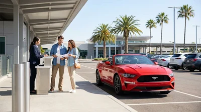 Customer receiving keys at a car hire desk inside an airport terminal in the United Estates
