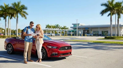 White car rental parked beside tall palm trees on a sunny coastal highway in Florida