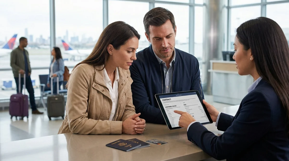 Man and woman reviewing paperwork beside a car rental parked on a busy street in New York