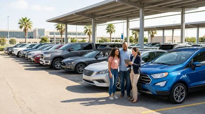 Various parked cars lined up at a car rental lot in Texas under a bright blue sky