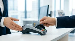 Person handing a credit card to a staff member at a car hire desk in Pennsylvania