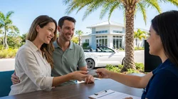 A person handing a credit card to a customer service agent at a car hire desk in Florida