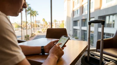 Close-up of a smartphone showing a map inside a car rental in Las Vegas
