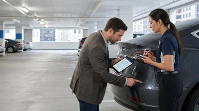 Person inspecting the exterior of a car rental parked on a New York street