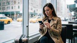 Person looking at a map on a smartphone near a car rental in New York