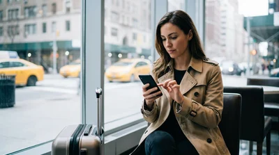 Person looking at a map on a smartphone near a car rental in New York