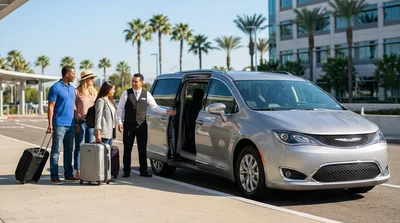 Traveler loading luggage into a white car rental vehicle at a sunny off-airport lot near Miami Airport