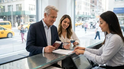 Older man smiling behind the wheel of a modern car rental on a sunny street in New York