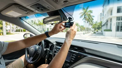 Dash cam recording a sunny palm tree-lined street from inside a car rental in Miami
