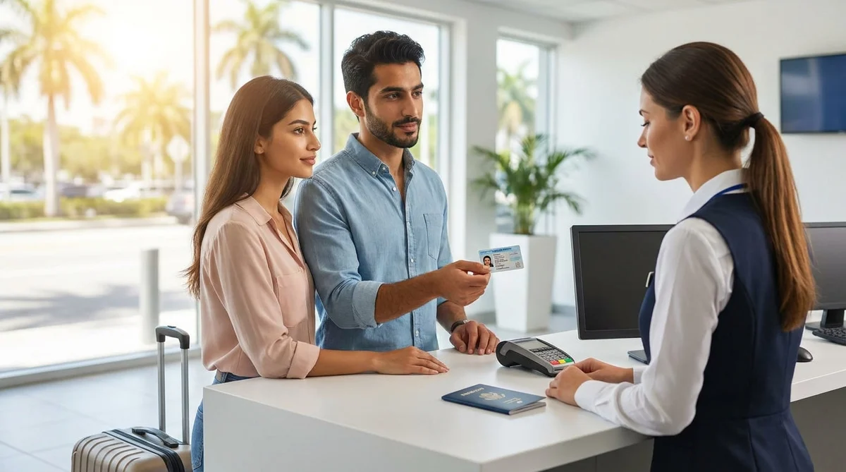 A person handing over a driving licence at a car rental counter in Miami