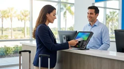 A customer handing a credit card to a staff member at a car rental desk in Orlando