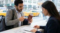 Customer presenting a driving licence at a car rental desk in New York