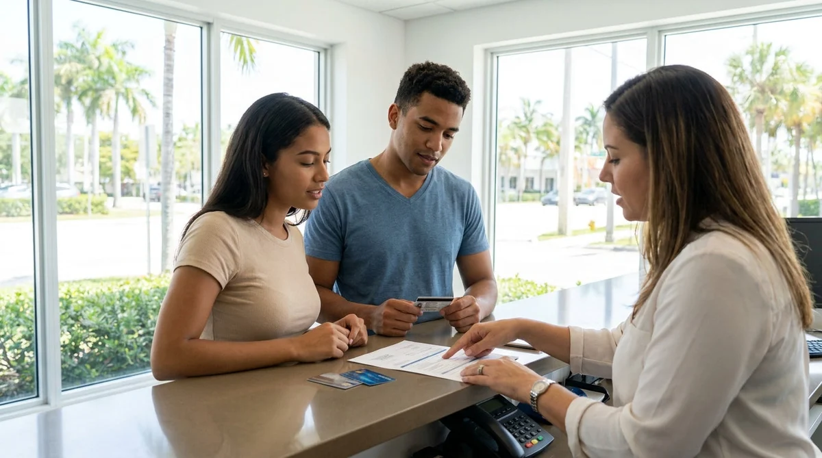 Two young adults inside a car rental driving along a sunny palm-lined street in Miami