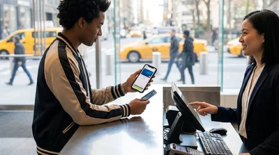 Person holding a smartphone and credit card next to a car hire vehicle on a New York street