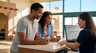 Customer handing a driver's license to a car rental agent at a pickup counter in Texas