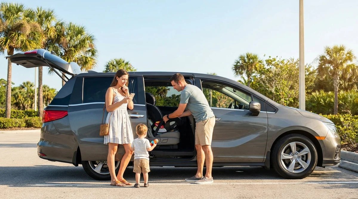 A child safety seat securely installed in the back of a car rental in sunny Florida