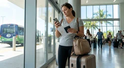 Passengers with checked luggage boarding a car hire shuttle at Miami Airport
