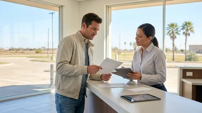 Customer signing paperwork at a car rental counter in Texas