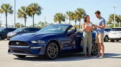 Person holding a driving licence and keys next to a car rental vehicle in a sunny Florida parking lot
