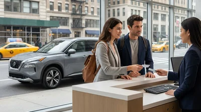 Person holding a credit card next to a modern car hire vehicle on a New York street