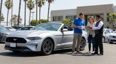 White car rental driving along a scenic coastal highway overlooking the ocean in California