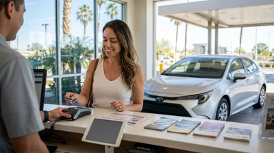 A person receiving keys for a car hire at an airport counter in California