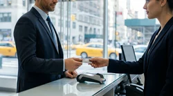 Close-up of a person handing a credit card to an agent at a car rental desk in New York