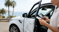 Black luxury SUV car rental parked along a scenic coastal road in California