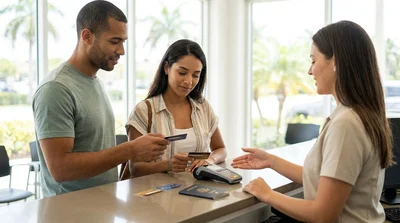 Customer holding a credit card at a car rental counter in Miami