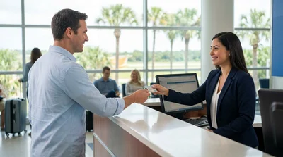 Person handing a driver's license to an agent at a car hire desk in Orlando