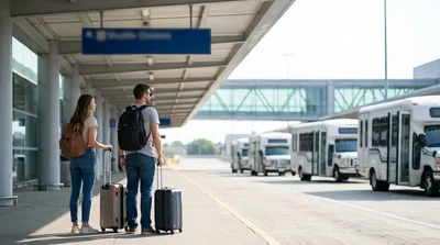 Traveler with luggage boarding a car rental shuttle bus outside JFK Terminal 5 in New York