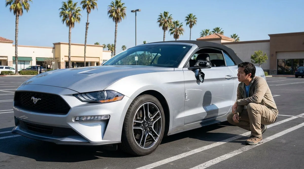 Modern white car rental parked along a sunny palm tree-lined street in California
