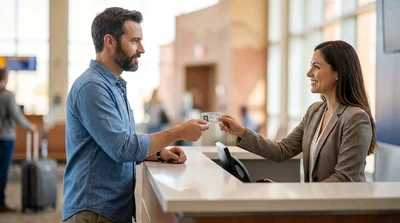 Customer handing a driving licence to an agent at a car rental counter in Texas