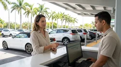 Customer handing a credit card to an agent at a car hire counter in Miami