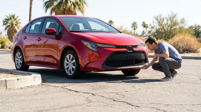 Close up of a car rental tire hitting a concrete curb on a sunny California street