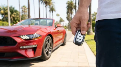 Hand holding car rental keys next to a parked vehicle on a sunny coastal highway in California