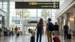 Passengers pulling rolling luggage toward the car hire desks inside the airport terminal in Orlando