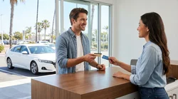 Customer placing two credit cards on a counter at a California car hire desk