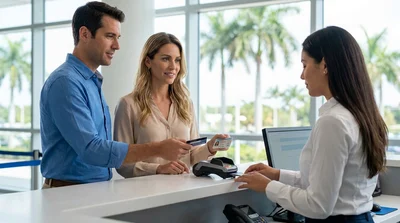 Customer receiving keys for a car rental at a sunny Florida airport service desk