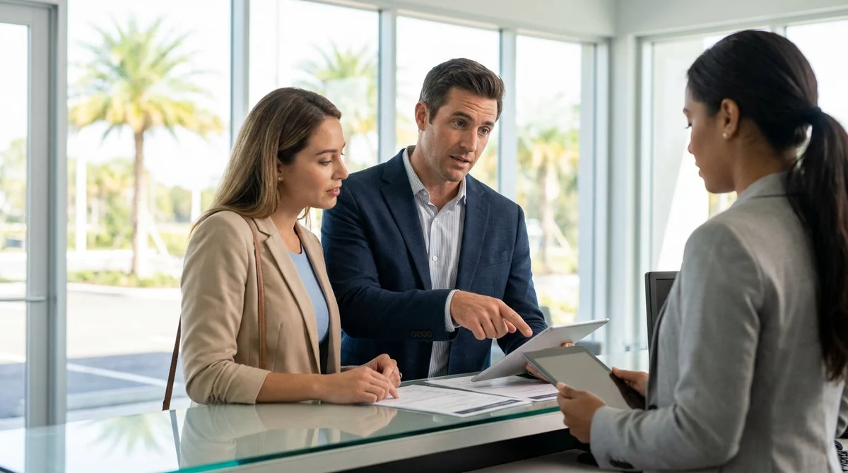 Customer signing documents at a car hire counter in Florida with keys on the desk