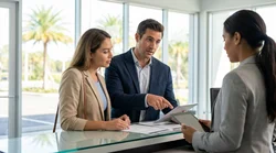 Customer signing documents at a car hire counter in Florida with keys on the desk
