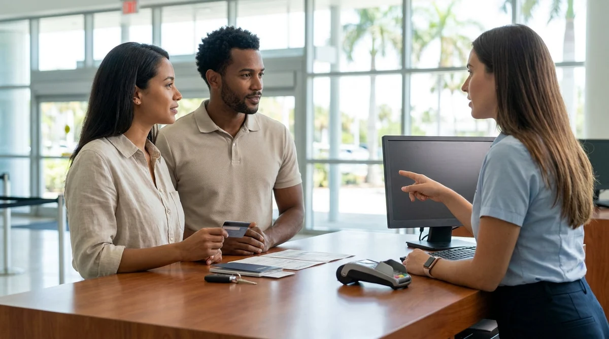 Customer handing a credit card to an agent at a Florida car rental counter