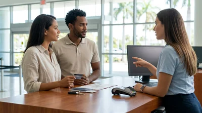 Customer handing a credit card to an agent at a Florida car rental counter