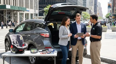 Customer picking up keys at a car rental counter in New York with the city skyline in the background