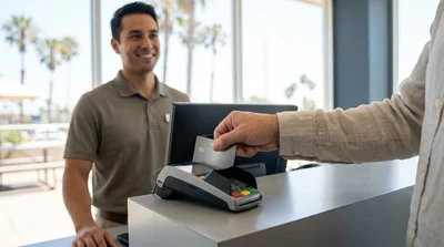 Close up of a credit card and car keys on a car rental counter in California