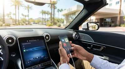 Person connecting a smartphone to the dashboard touchscreen of a car rental in Las Vegas