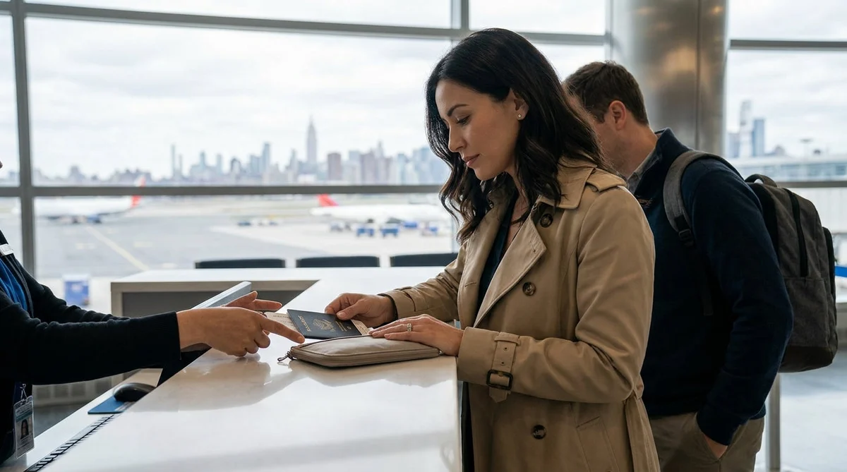 Traveler showing a passport and travel documents at a car rental desk in a New York airport