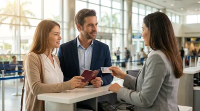 Customer receiving vehicle keys at a car hire desk in Miami Airport