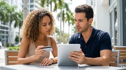 Close up of a customer passing a credit card to a clerk at a Miami car hire counter
